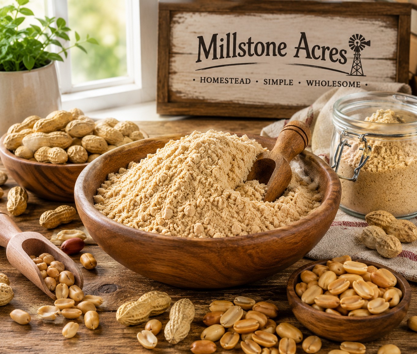 Natural Peanut Flour in a rustic wooden bowl with roasted peanuts and baking ingredients in a bright farmhouse kitchen.