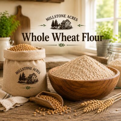 Millstone Acres Natural Whole Wheat Flour displayed with a wooden bowl of stone-ground whole wheat flour, a burlap bag of whole wheat berries, and rustic farmhouse baking ingredients in a bright country kitchen.