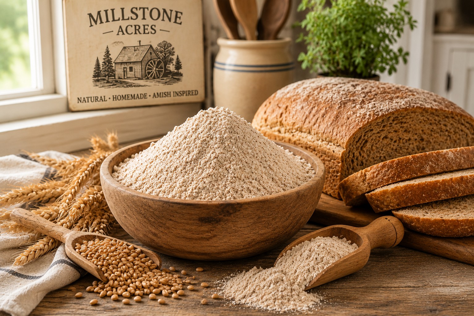 Freshly milled whole wheat flour with homemade whole wheat bread and hard red wheat in a bright farmhouse kitchen.