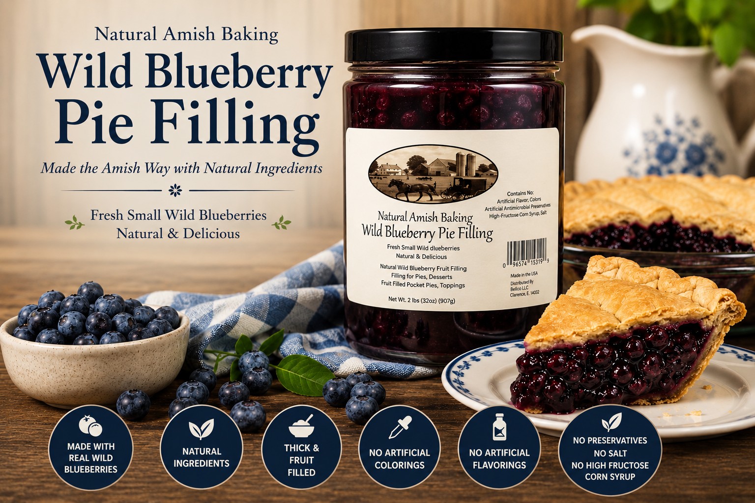Millstone Acres Natural Wild Blueberry Pie Filling with homemade blueberry pie, real wild blueberries, and natural ingredients in a bright farmhouse kitchen.