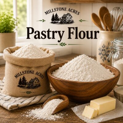 Millstone Acres Natural Pastry Flour displayed with a wooden bowl of finely milled pastry flour, a burlap flour sack, butter, and farmhouse baking ingredients in a bright rustic kitchen.