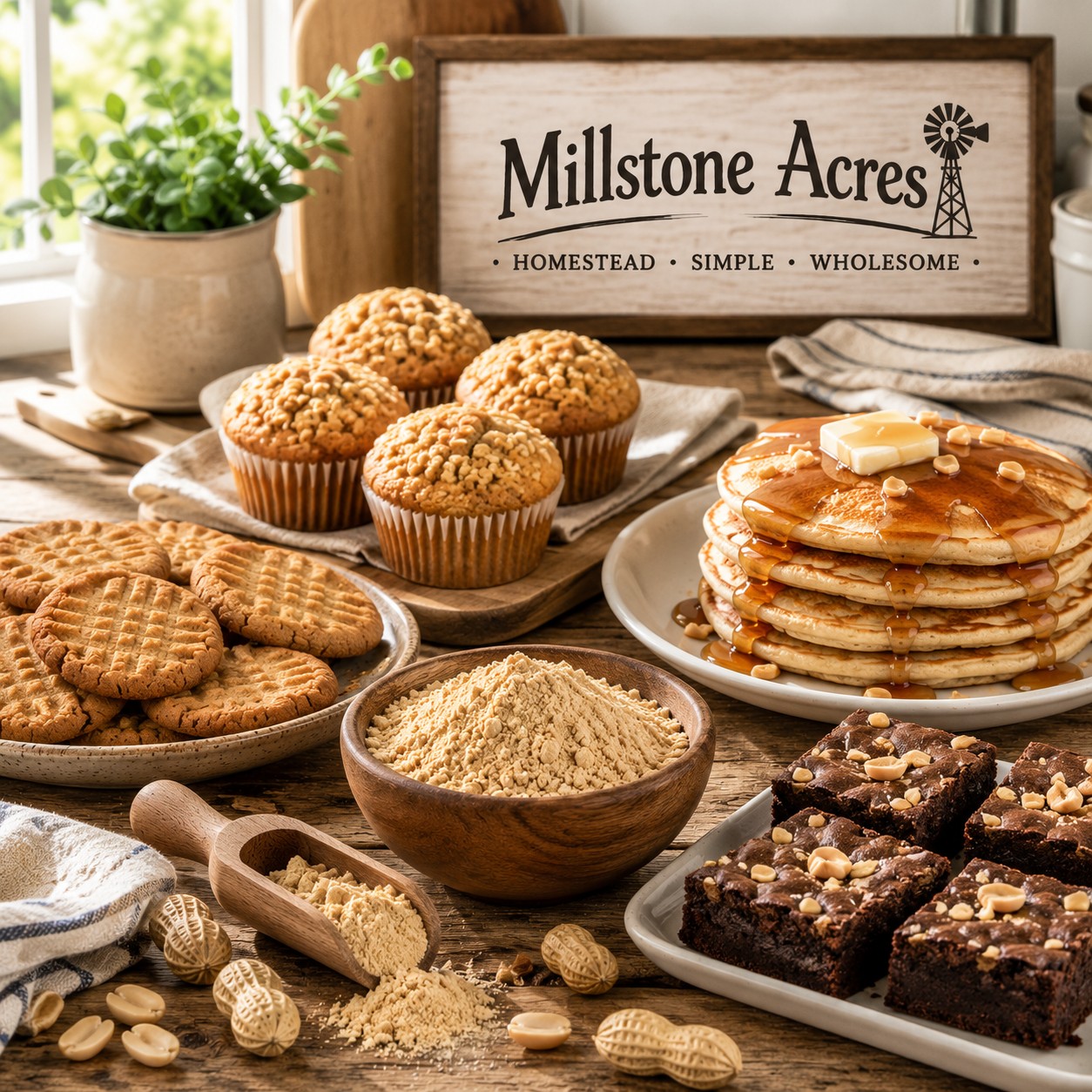 Homemade peanut flour cookies, muffins, pancakes, and brownies in a bright farmhouse kitchen.