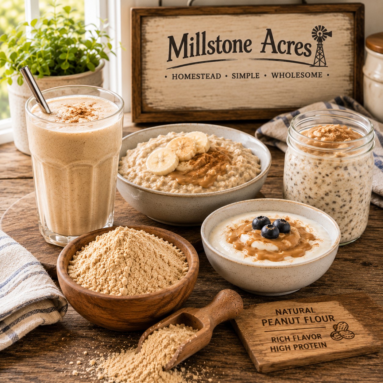 Protein smoothie, oatmeal, yogurt, and breakfast foods made with Natural Peanut Flour in a bright farmhouse kitchen.