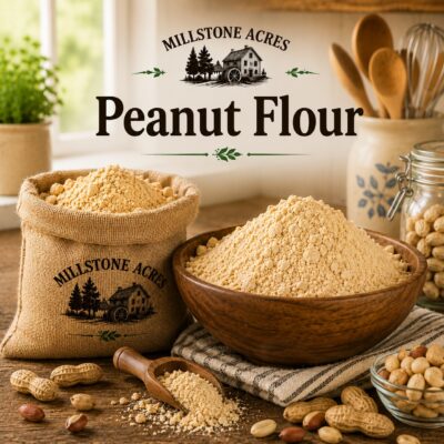 Millstone Acres Natural Peanut Flour displayed with roasted peanuts, a wooden bowl of peanut flour, and rustic farmhouse baking ingredients in a bright country kitchen.