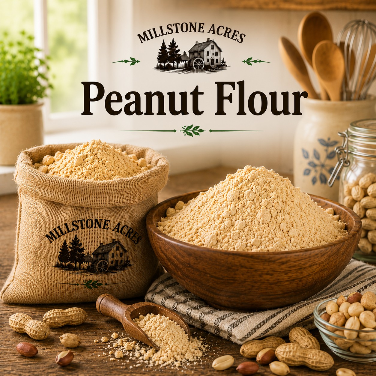Millstone Acres Natural Peanut Flour displayed with roasted peanuts, a wooden bowl of peanut flour, and rustic farmhouse baking ingredients in a bright country kitchen.