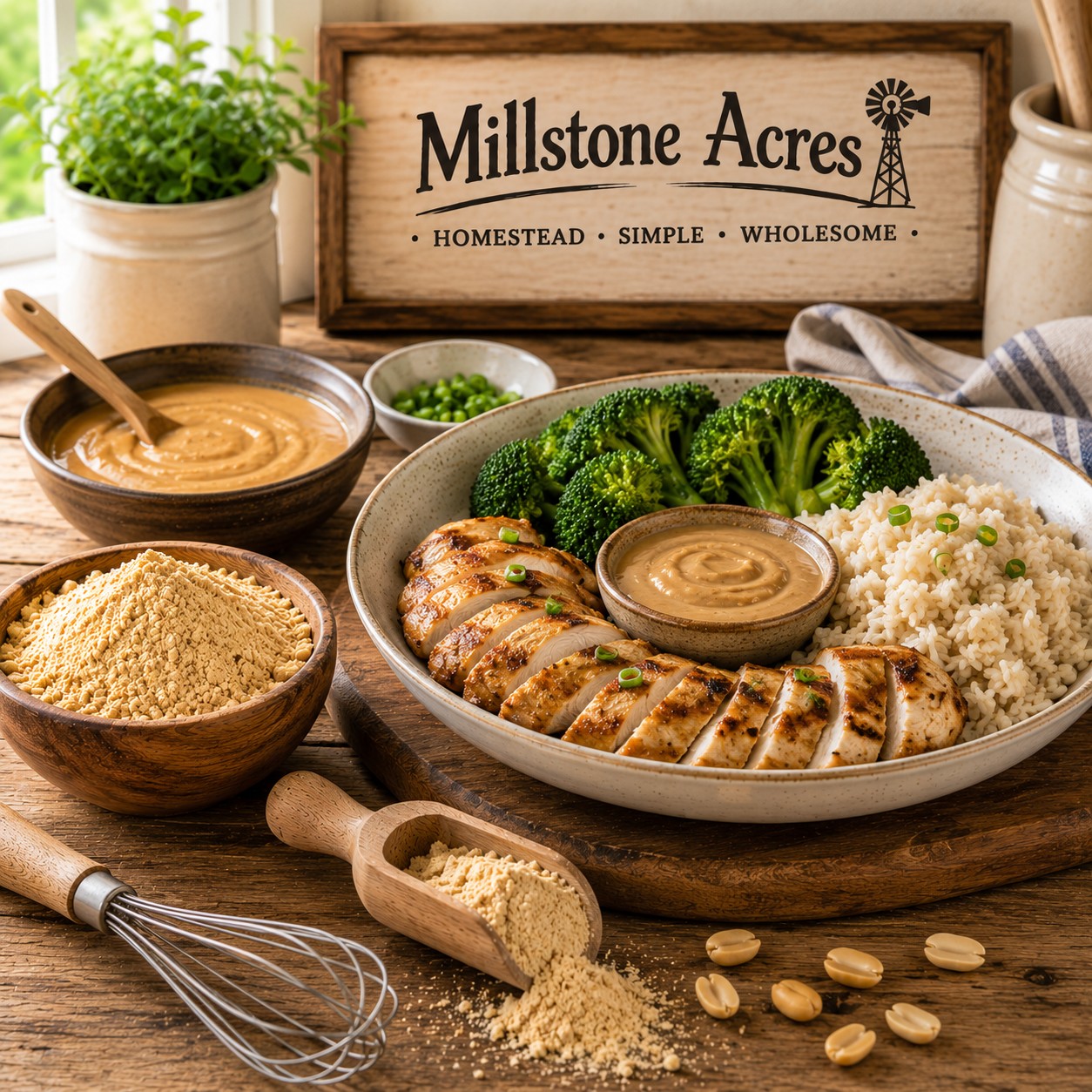 Creamy peanut sauce with grilled chicken and fresh vegetables made using Natural Peanut Flour.