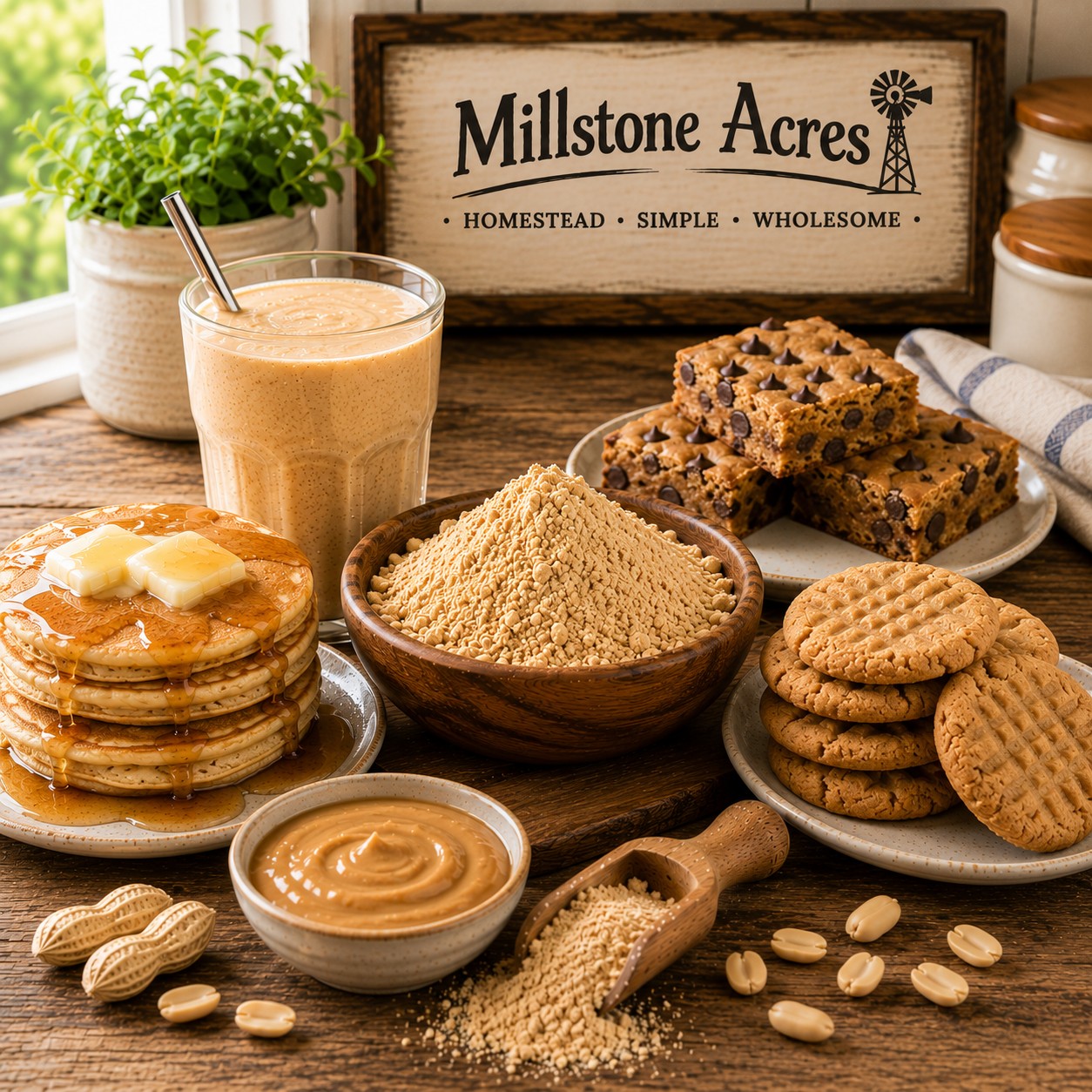 Natural Peanut Flour with homemade baked goods, breakfast favorites, and everyday recipes in a bright farmhouse kitchen.
