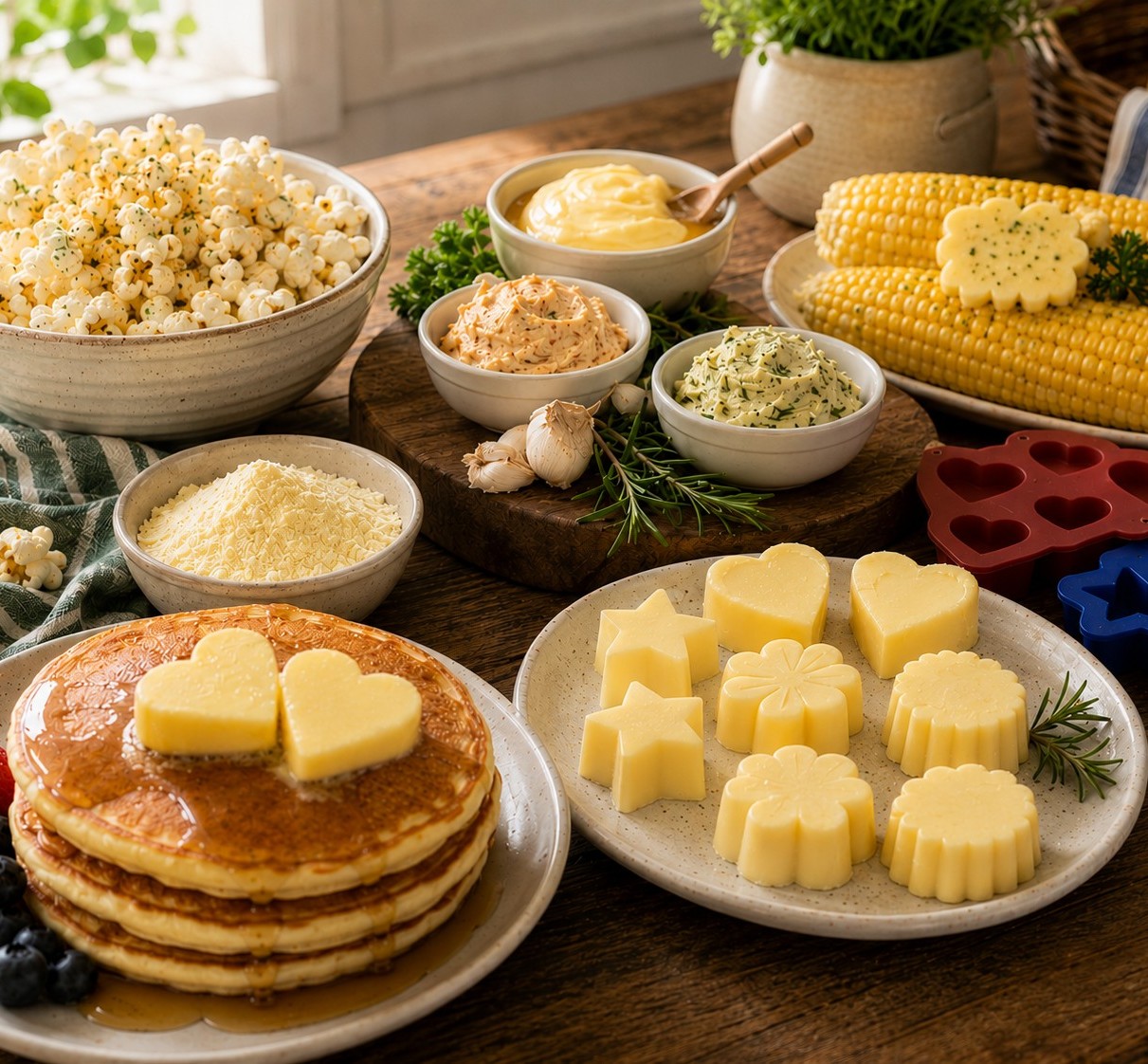 Millstone Acres Salted Butter Powder inspiration showing decorative butter pats, homemade compound butters, seasoned popcorn, buttered corn on the cob, and pancakes with heart-shaped butter.