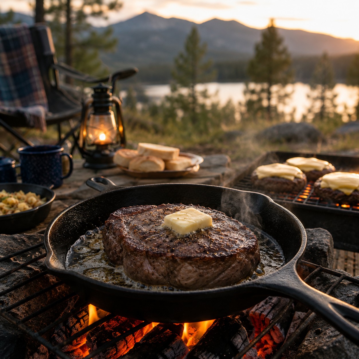Millstone Acres Salted Butter Powder beside a campfire breakfast with pancakes, melted butter, popcorn, corn on the cob, and an RV campsite.