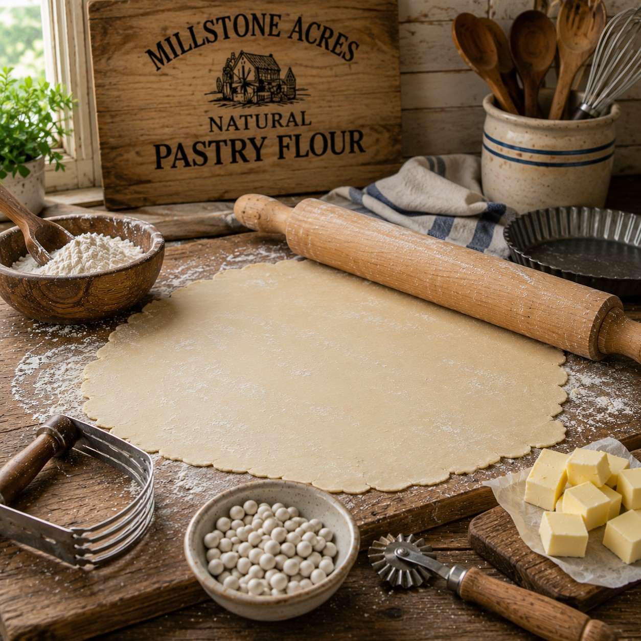 Rolling homemade pastry dough for flaky pie crusts on a rustic farmhouse baking board.