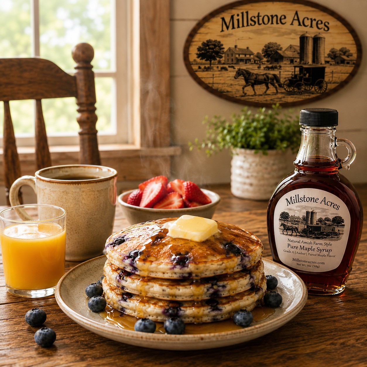 Traditional homemade pancakes served with fresh fruit, maple syrup, and breakfast toppings for customizing every stack.