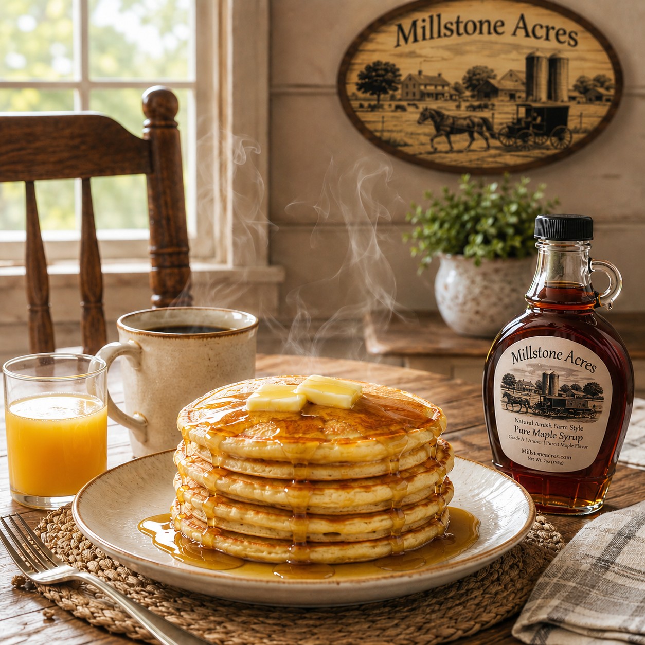 Light, fluffy traditional pancakes with two naturally melting pats of butter, pure maple syrup, and fresh blueberries.