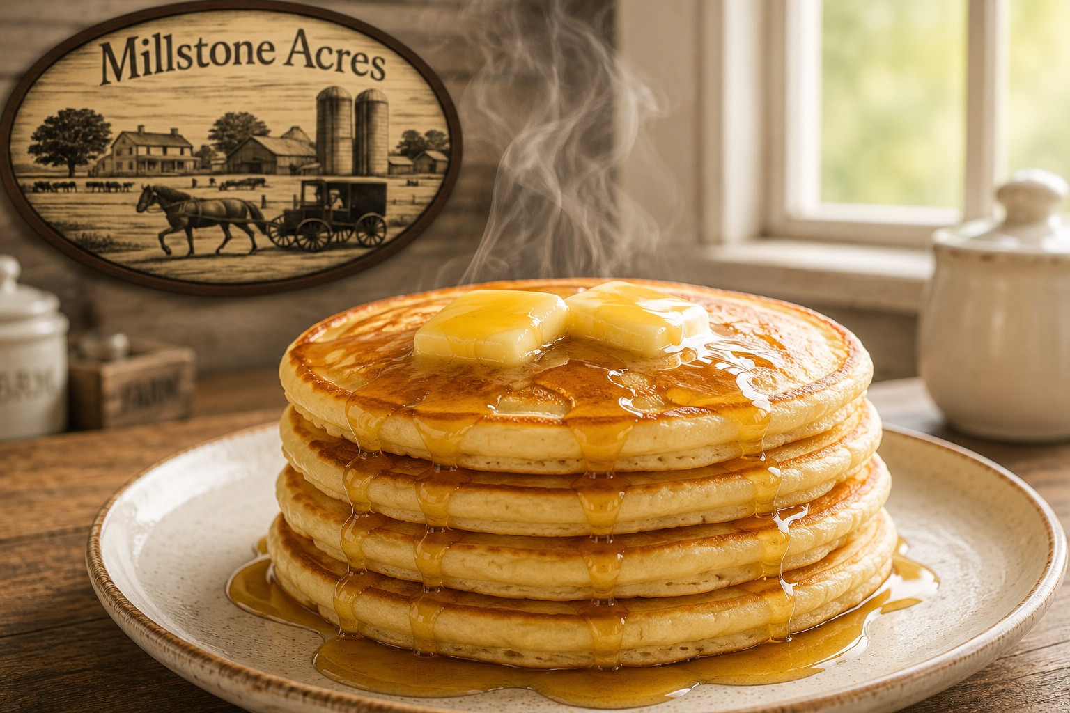 Light, fluffy traditional pancakes topped with two melting pats of butter, pure maple syrup, and fresh blueberries in a bright farmhouse breakfast setting.