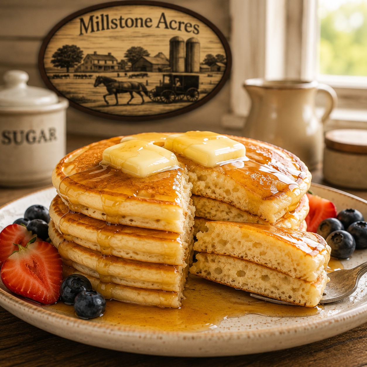 Light, fluffy traditional pancakes with two naturally melting pats of butter, pure maple syrup, and fresh berries.