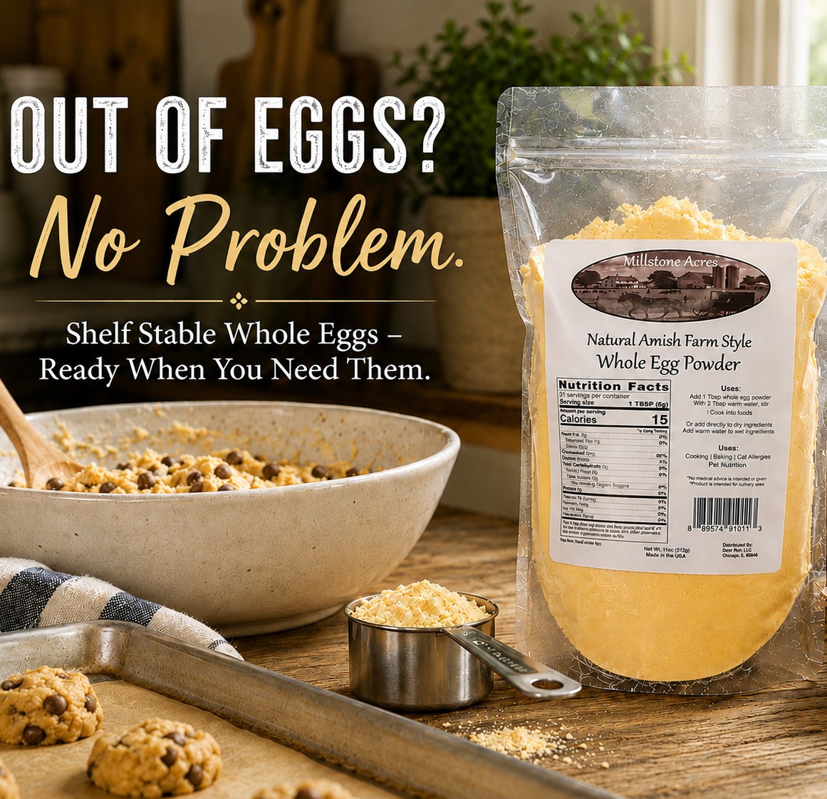 Millstone Acres Whole Egg Powder displayed in a bright farmhouse kitchen with cookie dough, baking ingredients, and a well-stocked pantry.