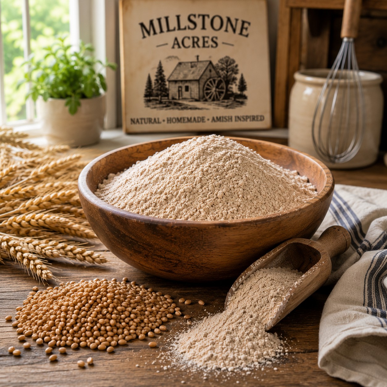 Stone ground whole wheat flour with hard red wheat berries and wheat heads.