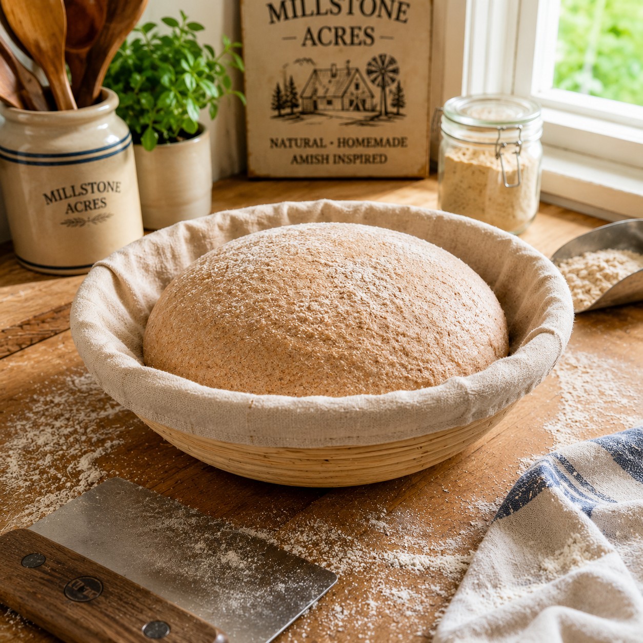 Freshly prepared whole wheat bread dough rising in a traditional banneton basket.