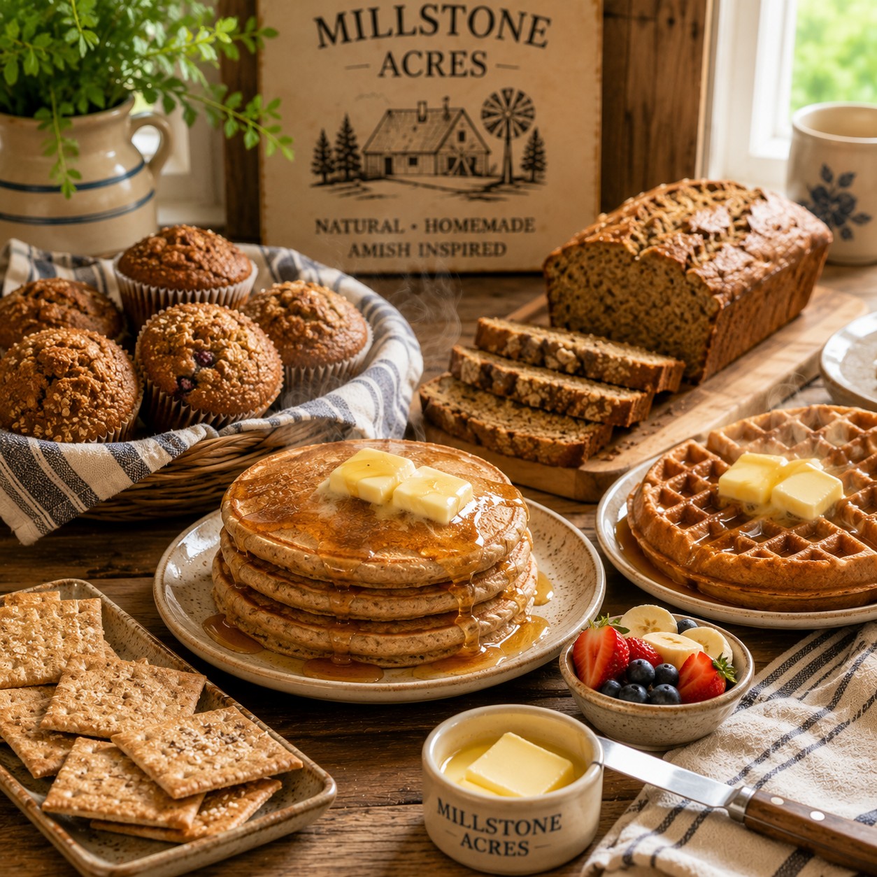 Freshly baked whole wheat muffins, pancakes, waffles, and quick breads made with whole wheat flour.