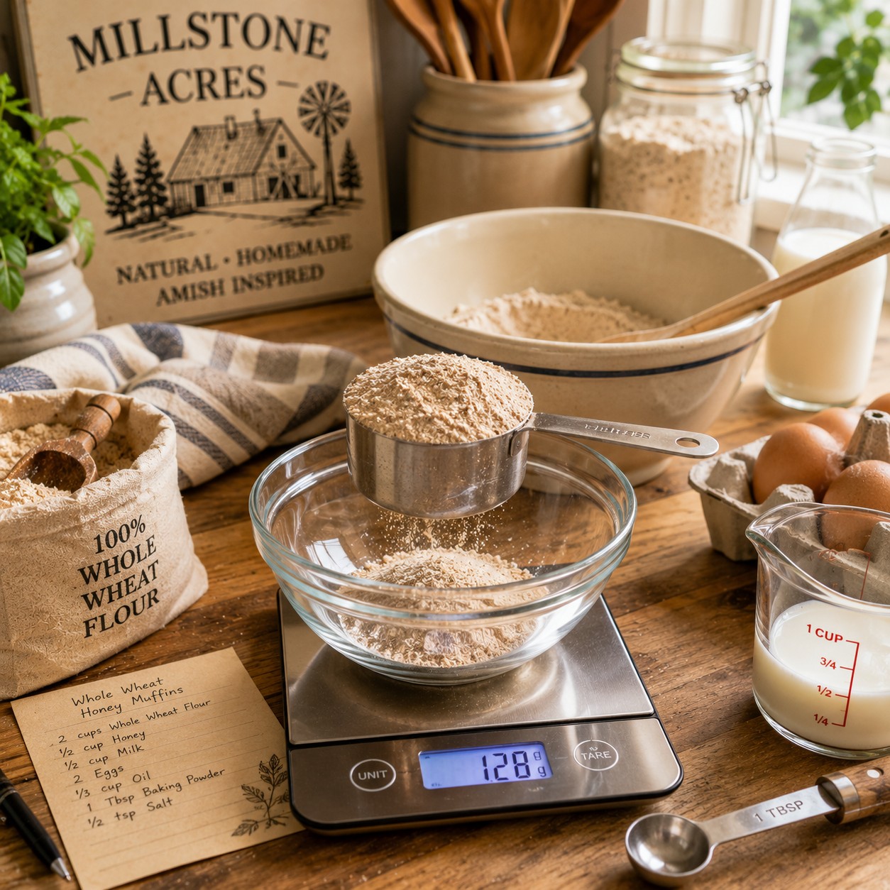 Measuring whole wheat flour while preparing homemade baked goods in a farmhouse kitchen.