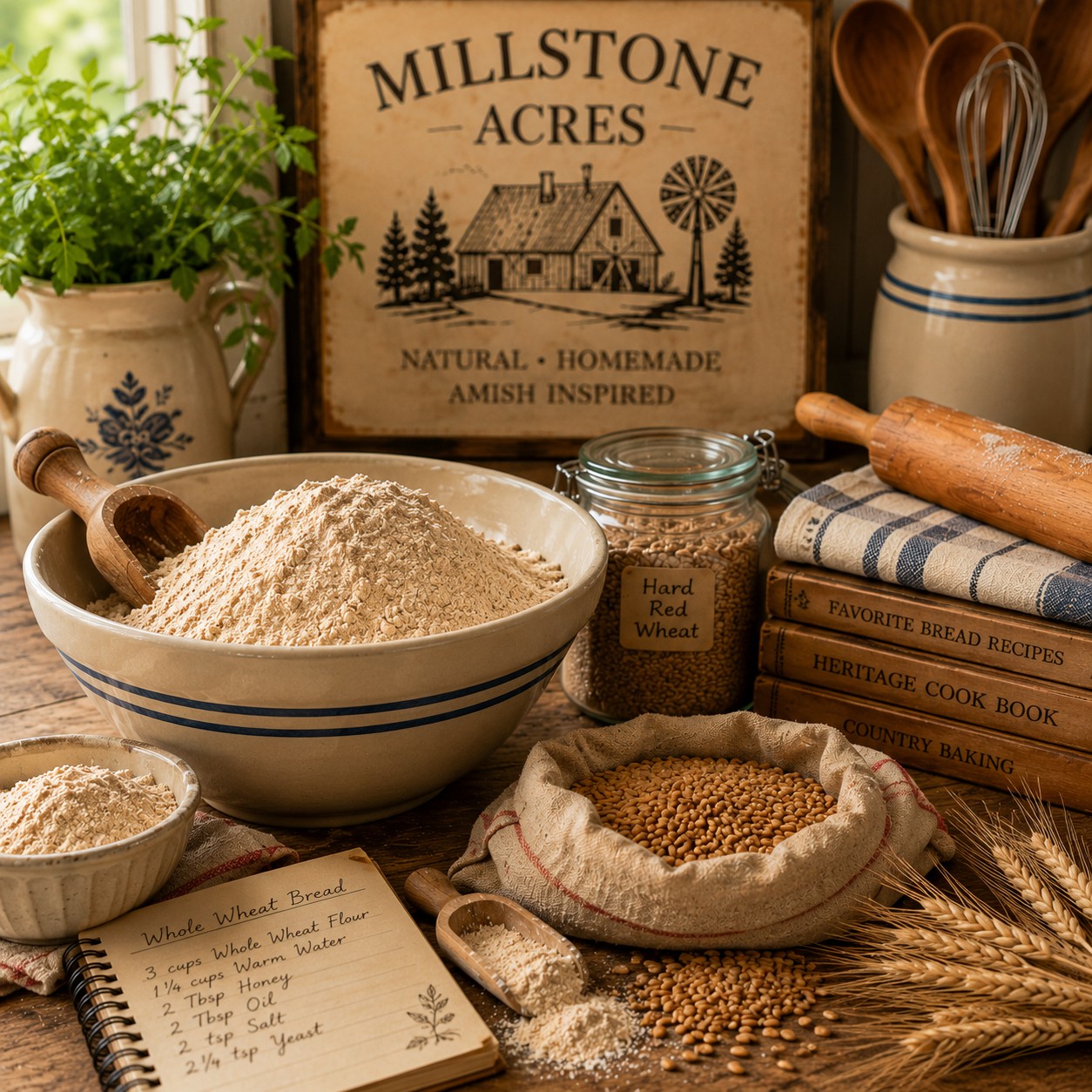 Traditional whole wheat baking ingredients arranged in a warm farmhouse kitchen.