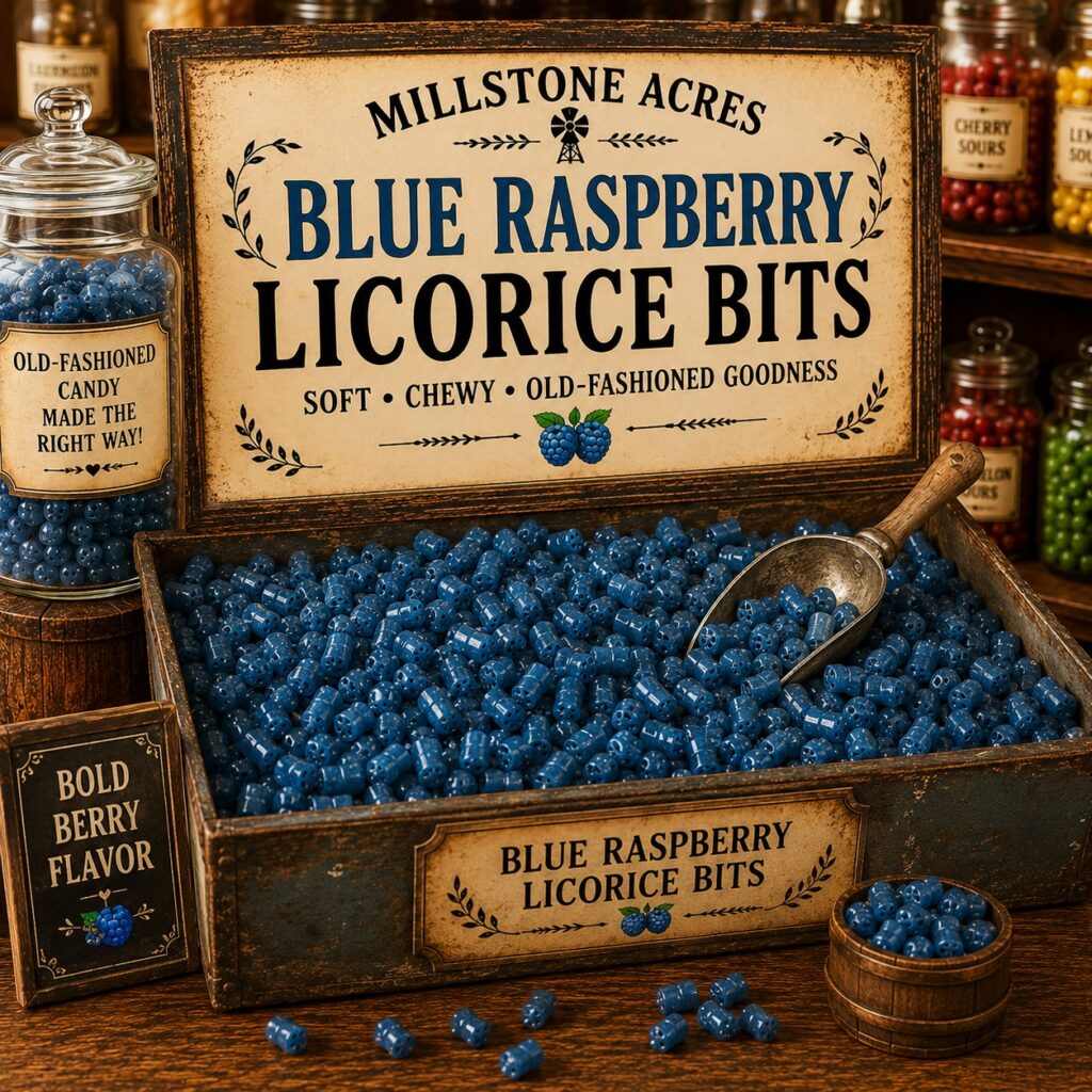 Millstone Acres Blue Raspberry Licorice Bits displayed in a rustic vintage candy bin with an antique metal candy scoop, classic branded signage, and a bright old-fashioned country candy store.