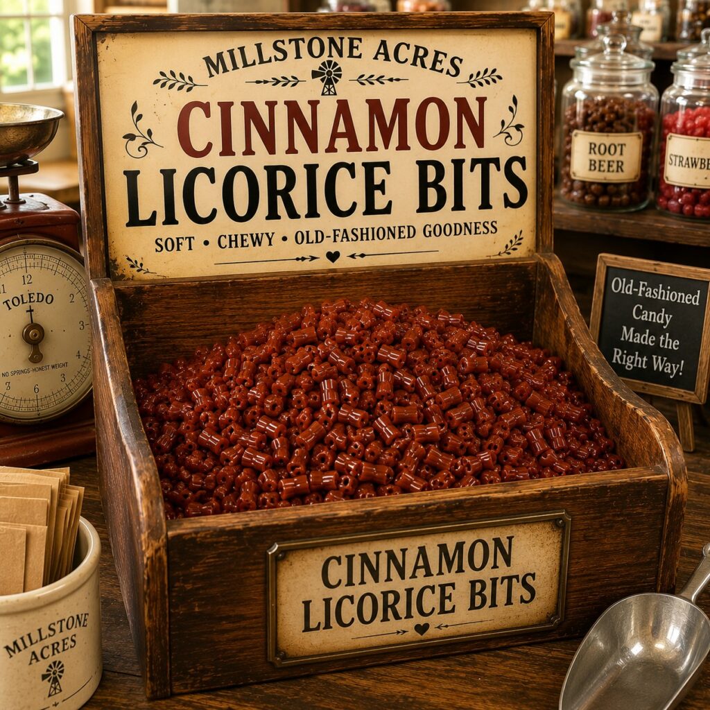 Millstone Acres Cinnamon Licorice Bits displayed in a bright old-fashioned country candy store featuring an antique wooden candy bin overflowing with soft chewy cinnamon licorice bits, vintage branded signage, antique Toledo scale, and nostalgic candy shop décor.