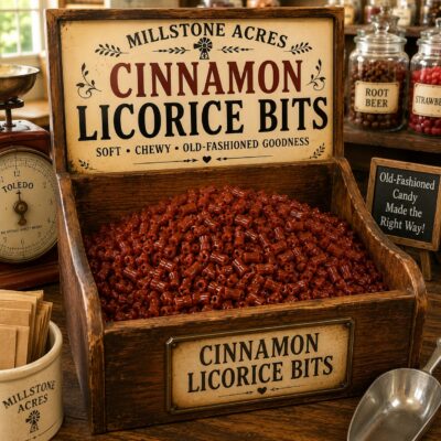 Millstone Acres Cinnamon Licorice Bits displayed in a bright old-fashioned country candy store featuring an antique wooden candy bin overflowing with soft chewy cinnamon licorice bits, vintage branded signage, antique Toledo scale, and nostalgic candy shop décor.
