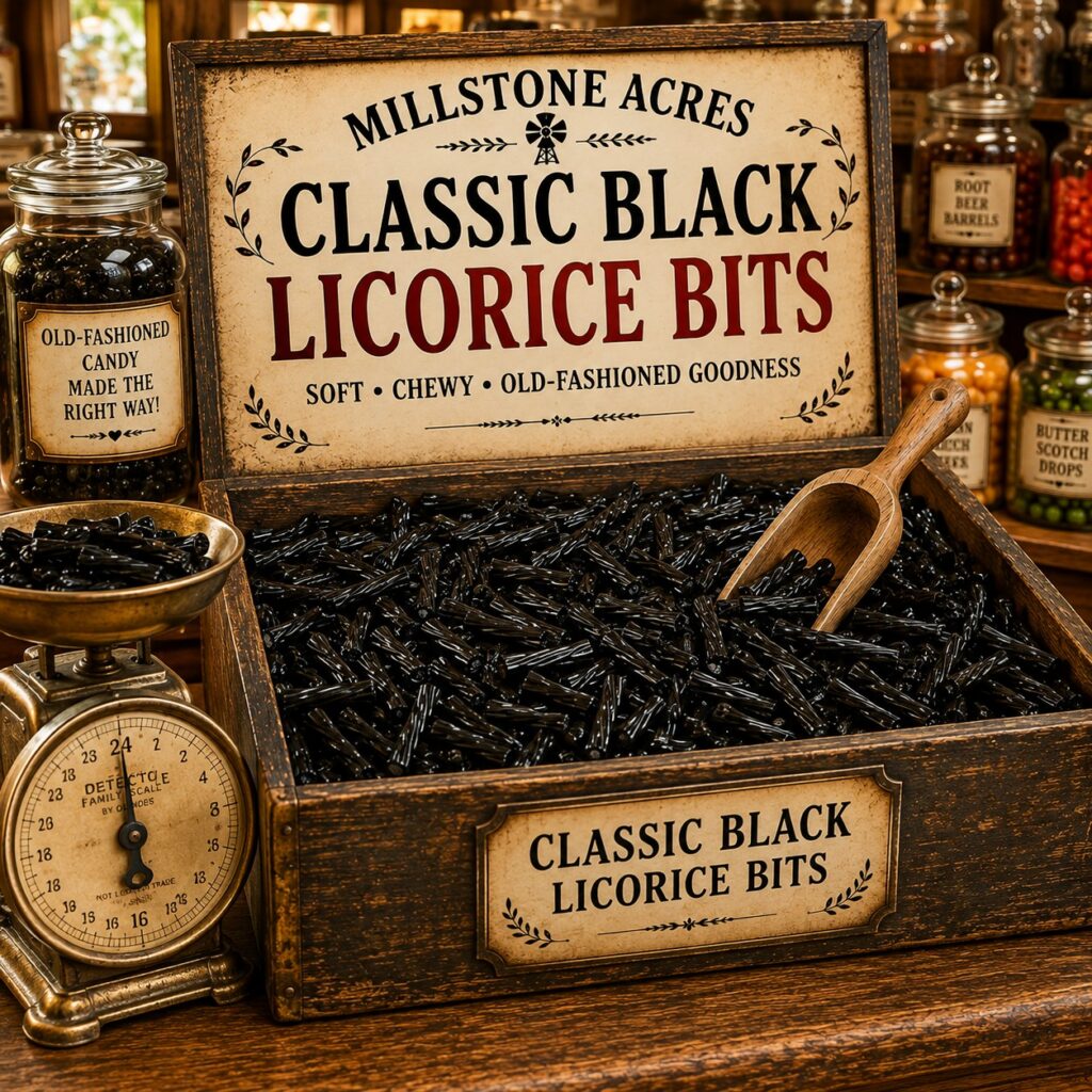 Millstone Acres Classic Black Licorice Bits displayed in a rustic wooden candy bin with a vintage wooden scoop, antique brass candy scale, branded signage, and a bright old-fashioned country candy store.