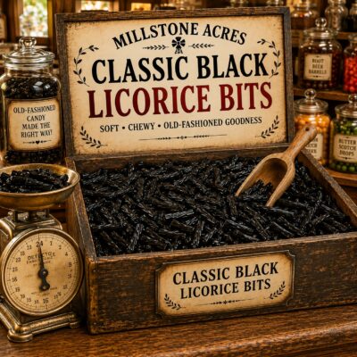 Millstone Acres Classic Black Licorice Bits displayed in a rustic wooden candy bin with a vintage wooden scoop, antique brass candy scale, branded signage, and a bright old-fashioned country candy store.