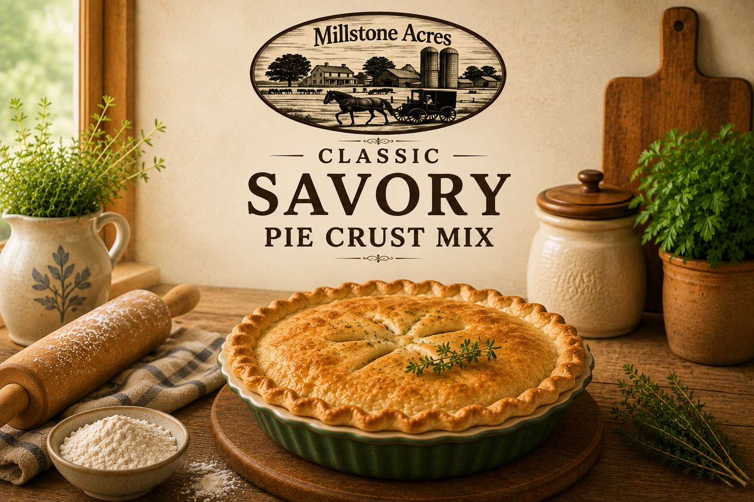 Millstone Acres Classic Savory Pie Crust Mix with a golden homemade savory pie