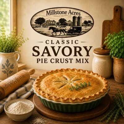Millstone Acres Classic Savory Pie Crust Mix with golden homemade savory pie in a bright farmhouse kitchen
