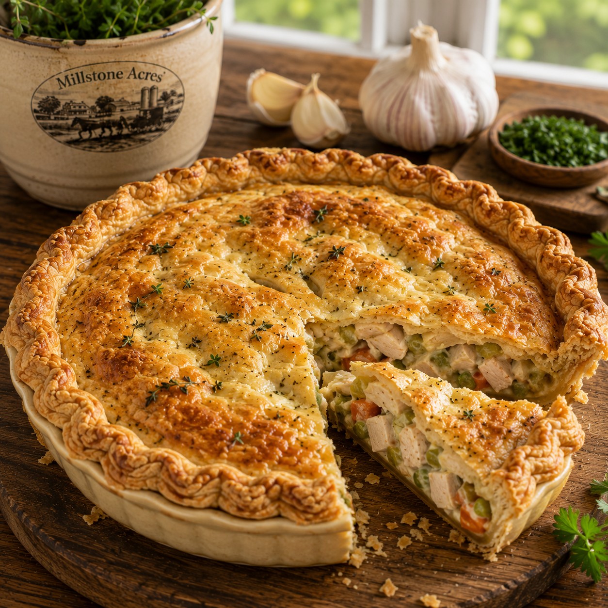 Garlic chicken pot pie with flaky golden crust made with Millstone Acres Garlic Pie Crust Mix