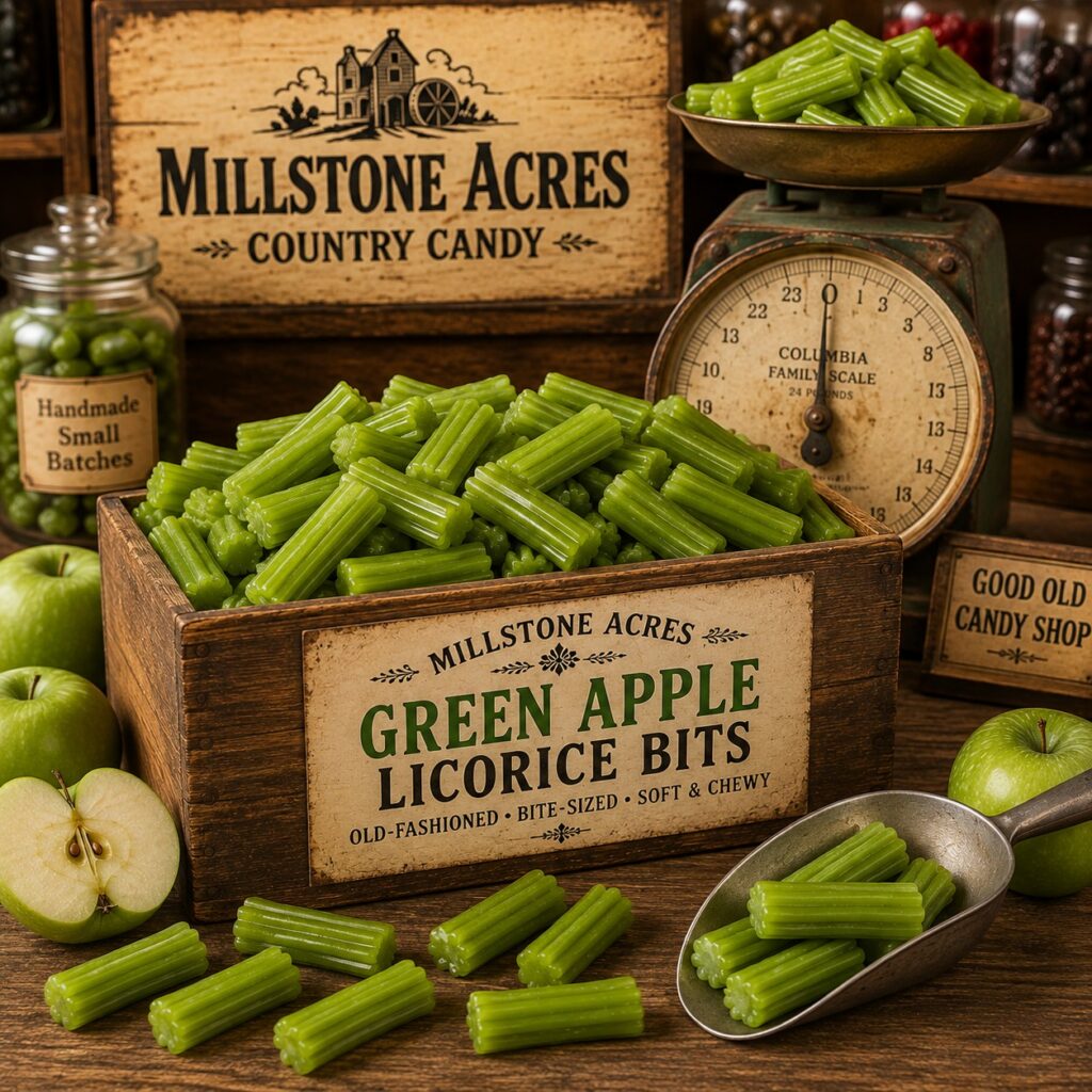 Millstone Acres Green Apple Licorice Bits displayed with an old fashioned candy scale, wooden bin, scoop, and fresh green apples