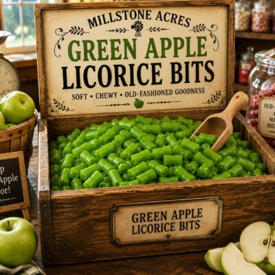 Millstone Acres Green Apple Licorice Bits displayed in a rustic wooden candy crate with a wooden scoop, fresh green apples, vintage branded signage, and bright old-fashioned country candy store décor.