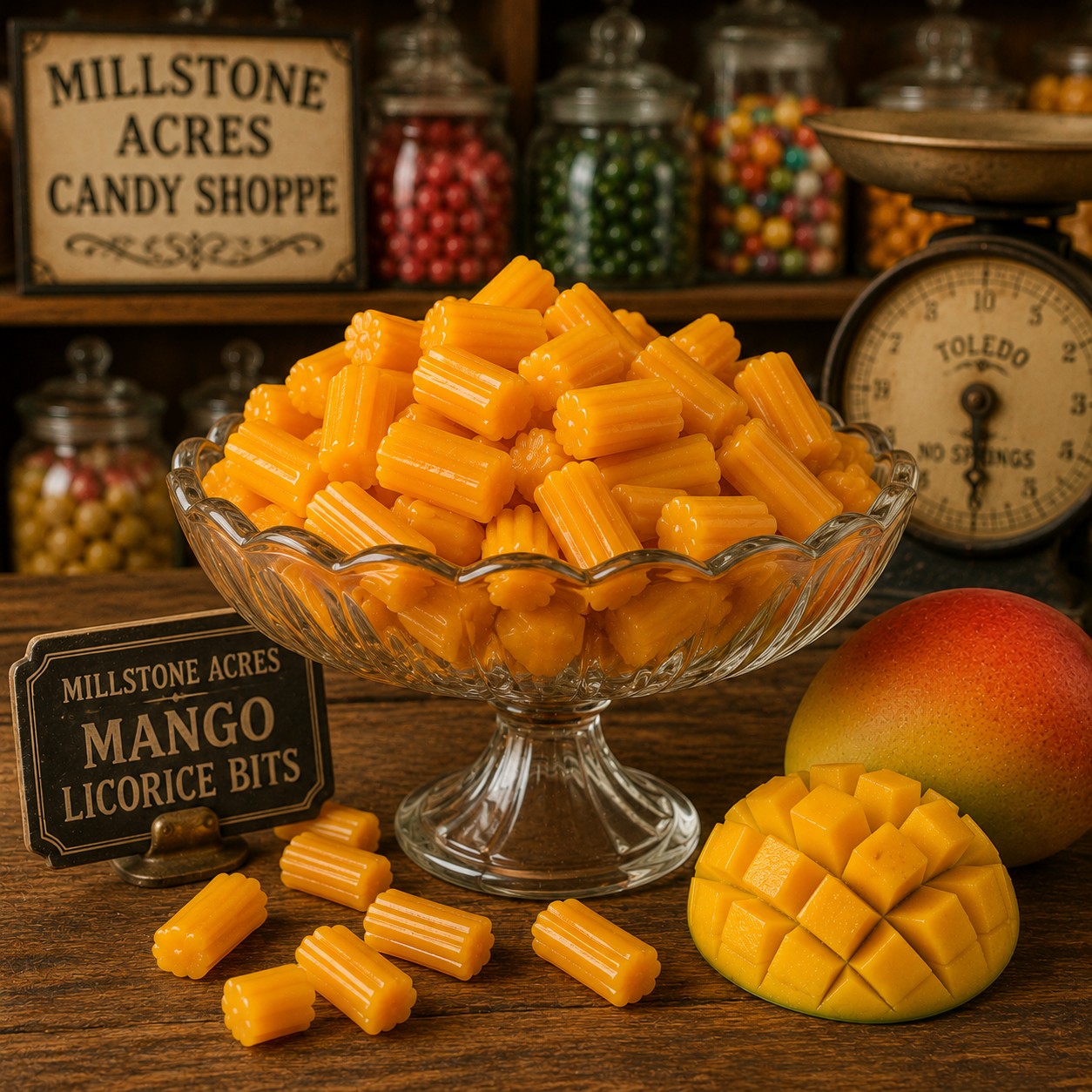 Mango Licorice Bits served in an old fashioned candy dish for sharing and snacking