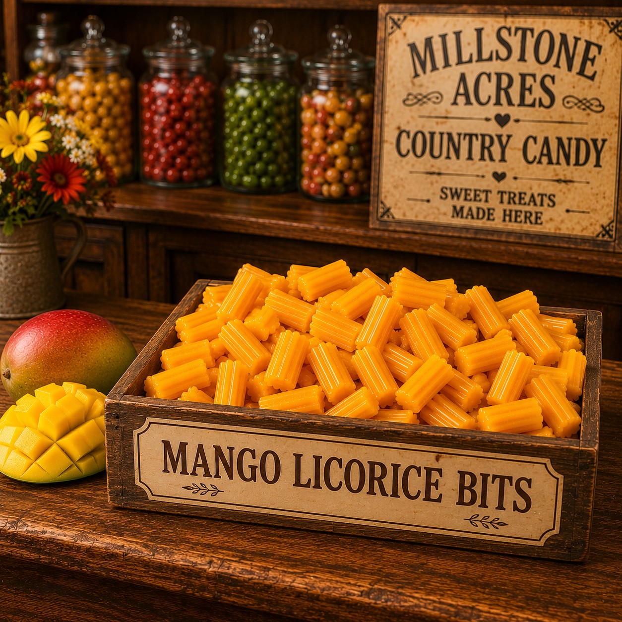 Mango Licorice Bits displayed in a nostalgic Millstone Acres old fashioned candy shop