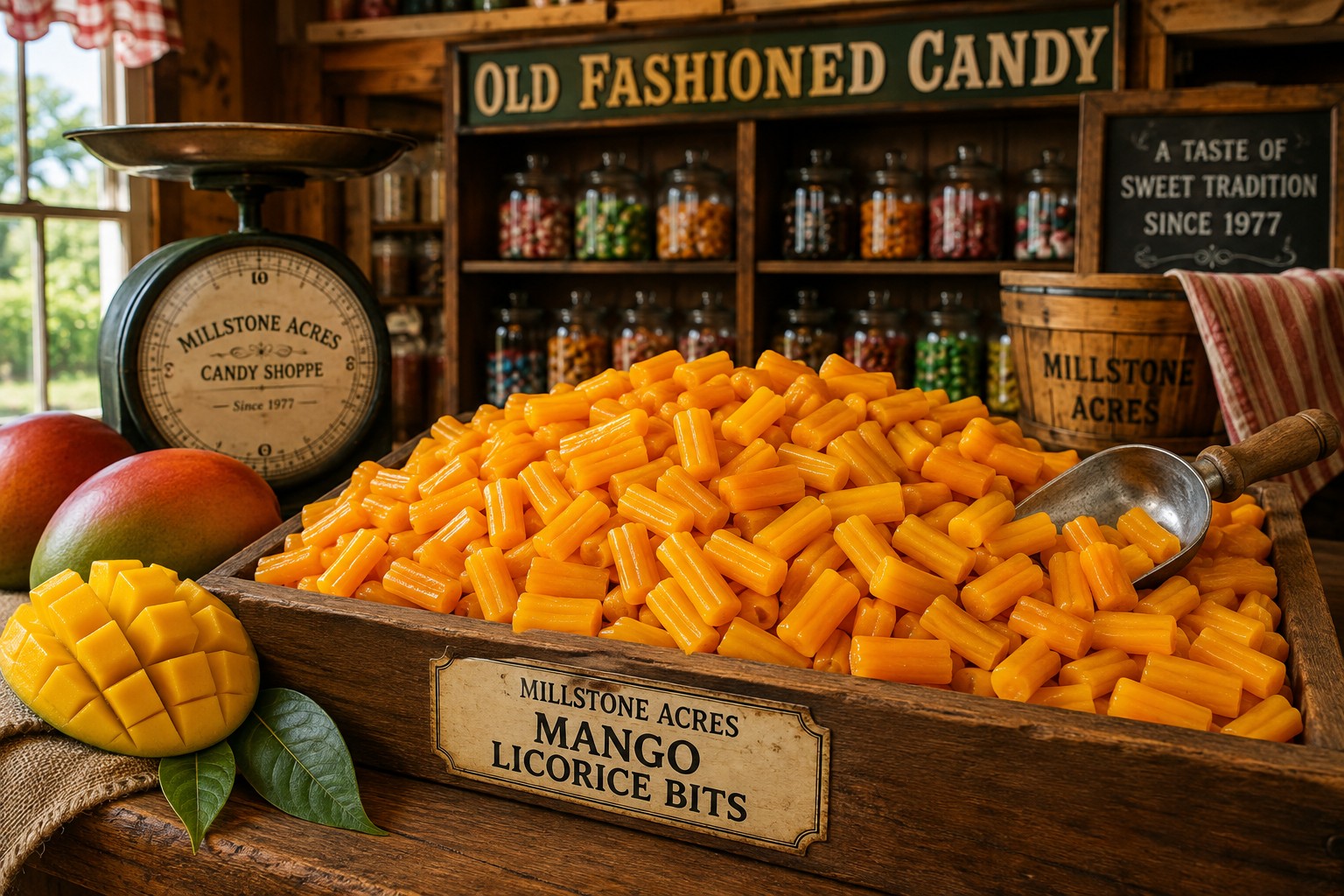 Millstone Acres Mango Licorice Bits in an old fashioned country candy shop