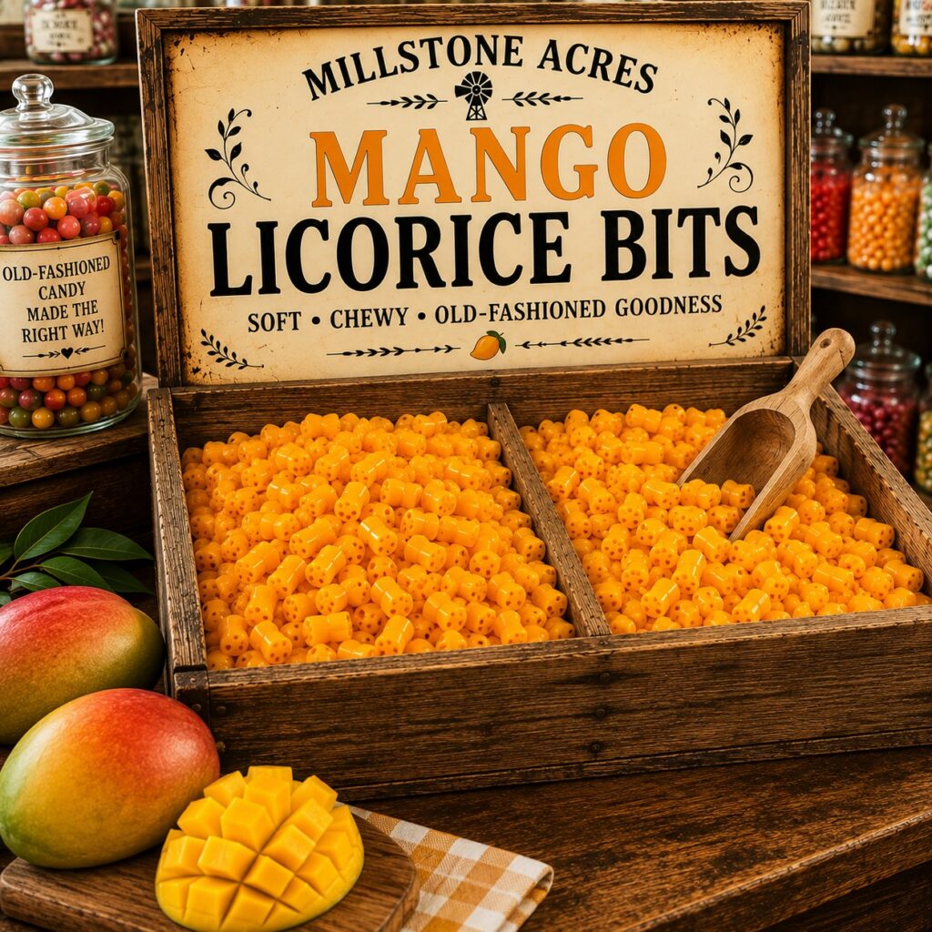 Millstone Acres Mango Licorice Bits displayed in a rustic wooden produce stand with a wooden candy scoop, fresh mangoes, vintage branded signage, and a bright old-fashioned country candy store setting.