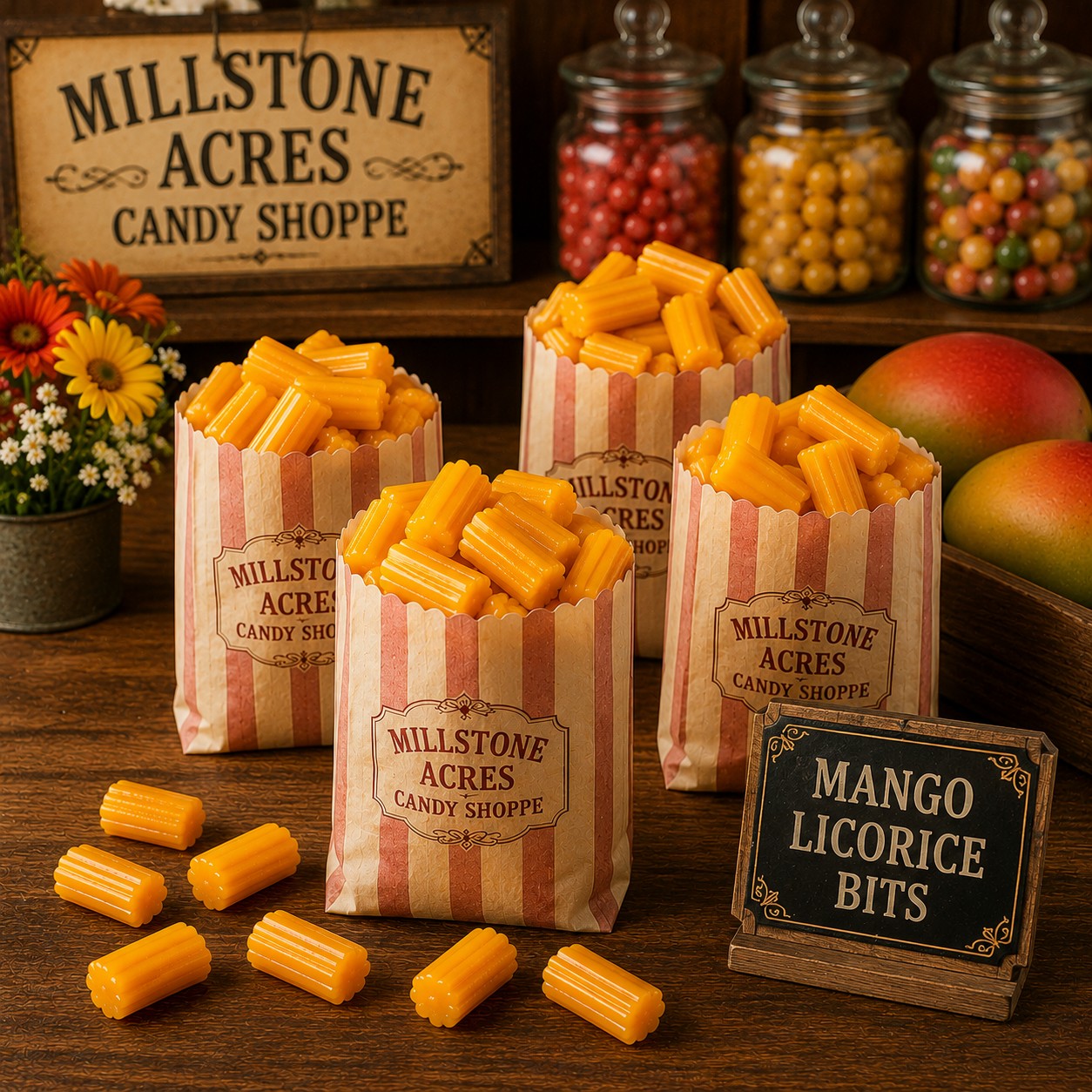 Mango Licorice Bits served for a party in an old fashioned Millstone Acres candy shop setting