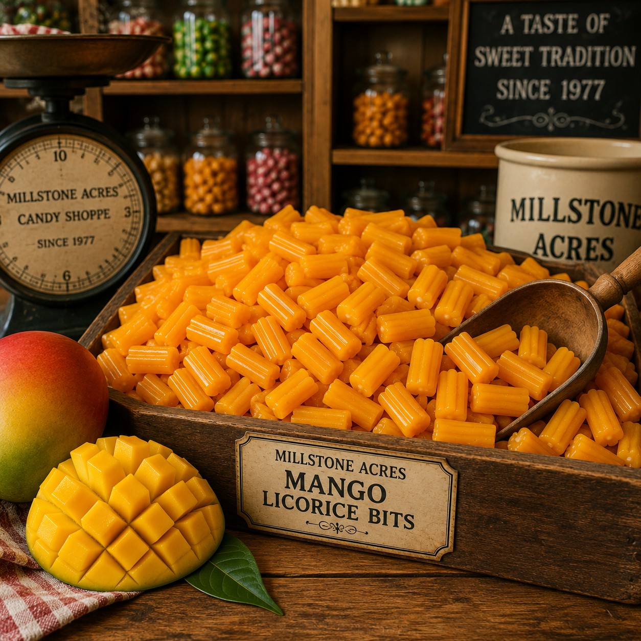 Millstone Acres Mango Licorice Bits displayed in an old fashioned candy shop