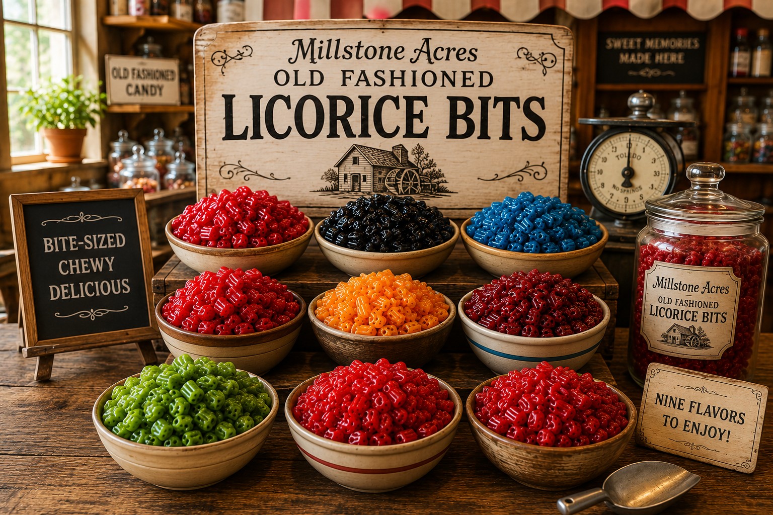 Millstone Acres Old Fashioned Licorice Bits in a nostalgic country candy shop