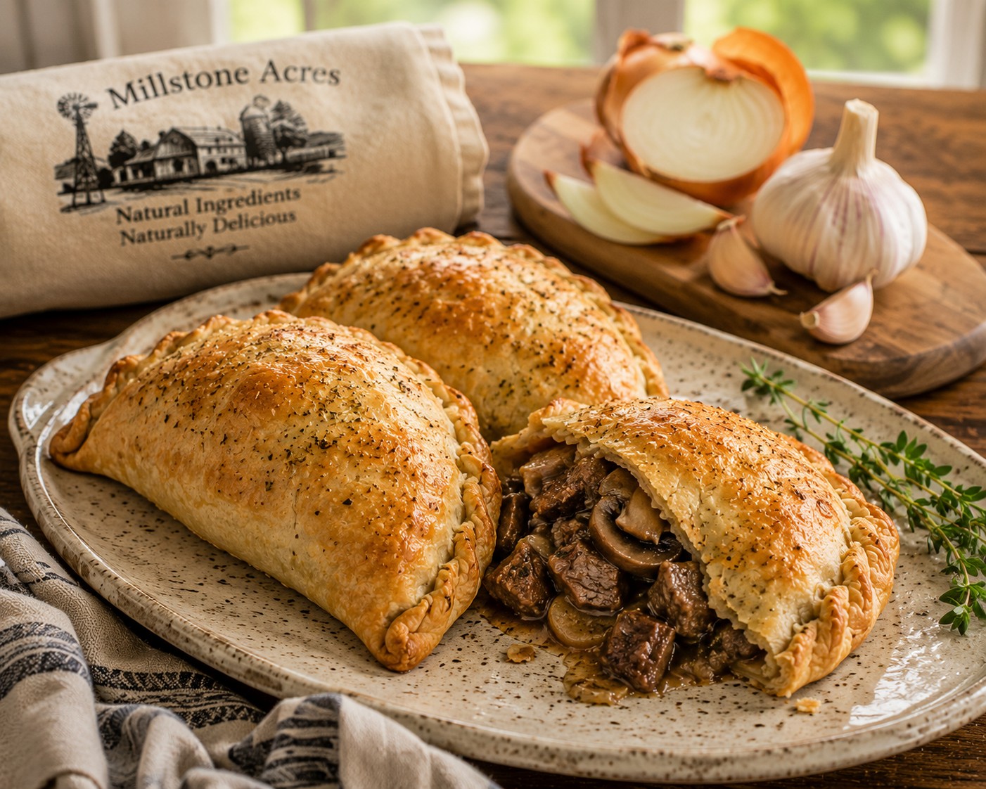 Hearty savory pie made with Millstone Acres Onion and Garlic Pie Crust Mix