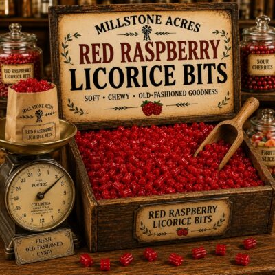 Millstone Acres Red Raspberry Licorice Bits displayed in a rustic wooden candy bin with a vintage wooden scoop, one-pound paper candy bag on an antique scale, and a bright old-fashioned country candy store.