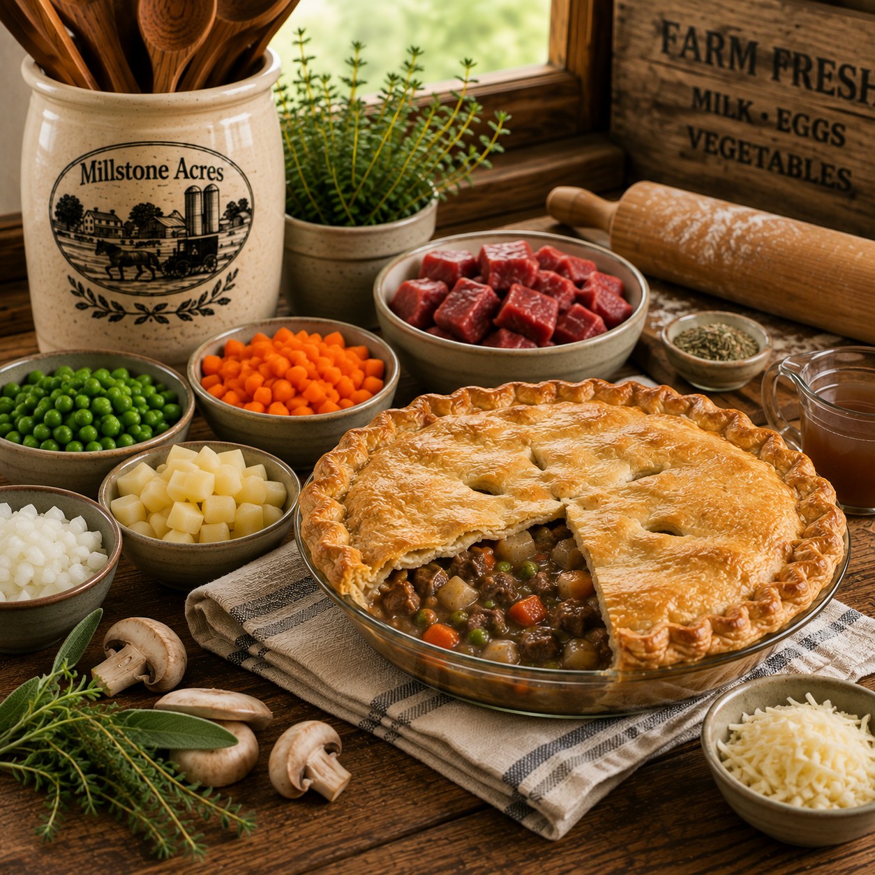 Savory pie filling ingredients paired with Millstone Acres Savory Pie Crust Mix