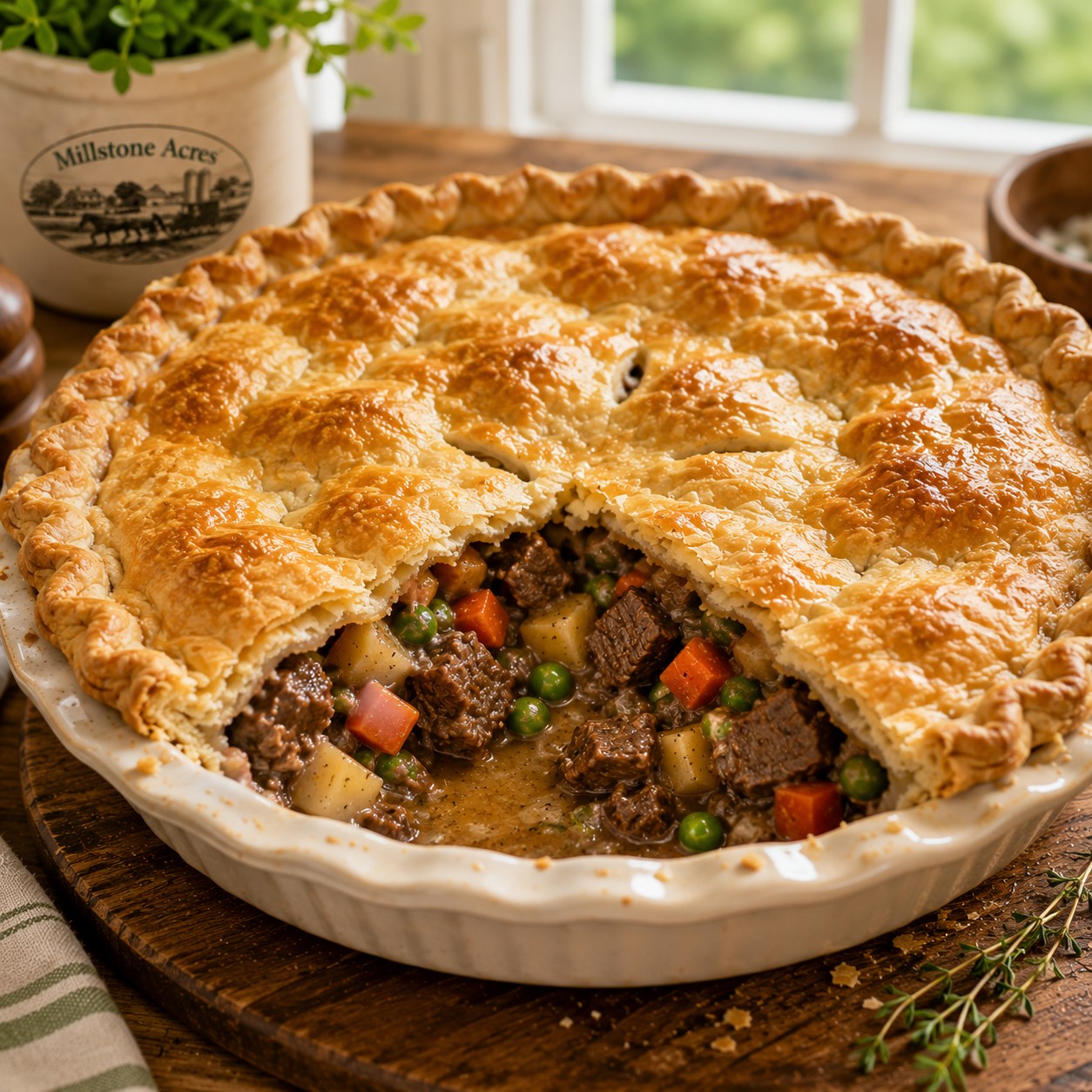 Homemade beef pot pie with flaky golden crust made with Millstone Acres Savory Pie Crust Mix