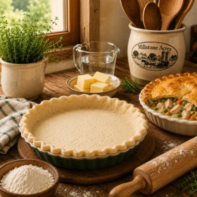 Savory pie crust prepared in a farmhouse kitchen with Millstone Acres branding