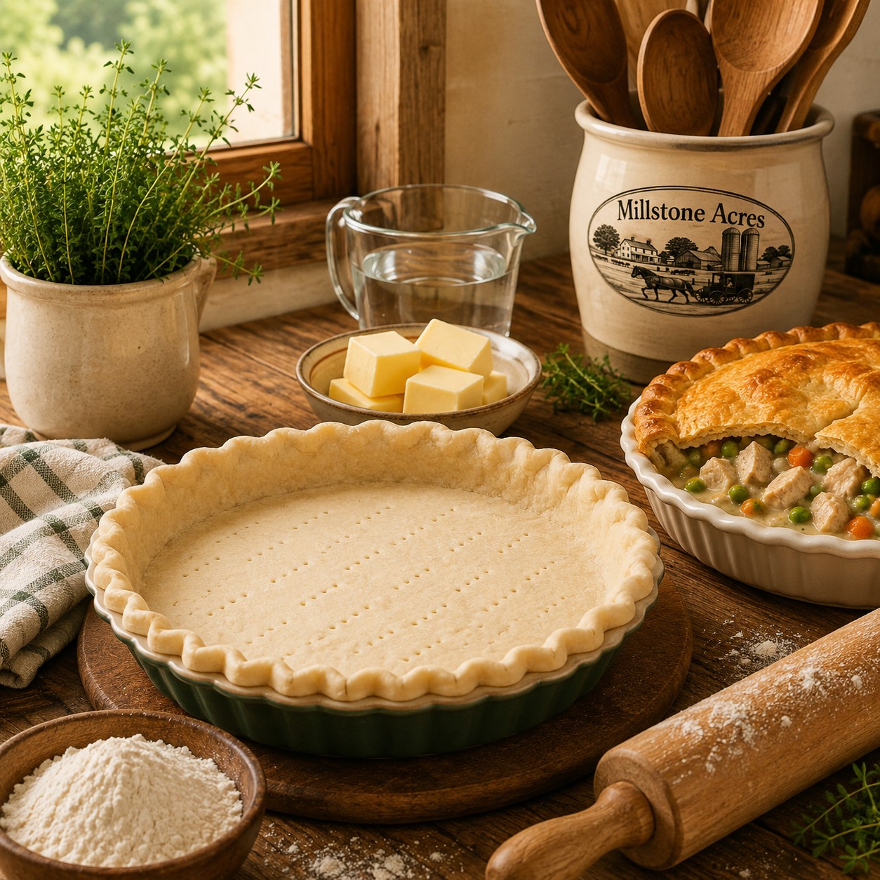 Millstone Acres Savory Pie Crust Mix prepared with flaky homemade savory crust