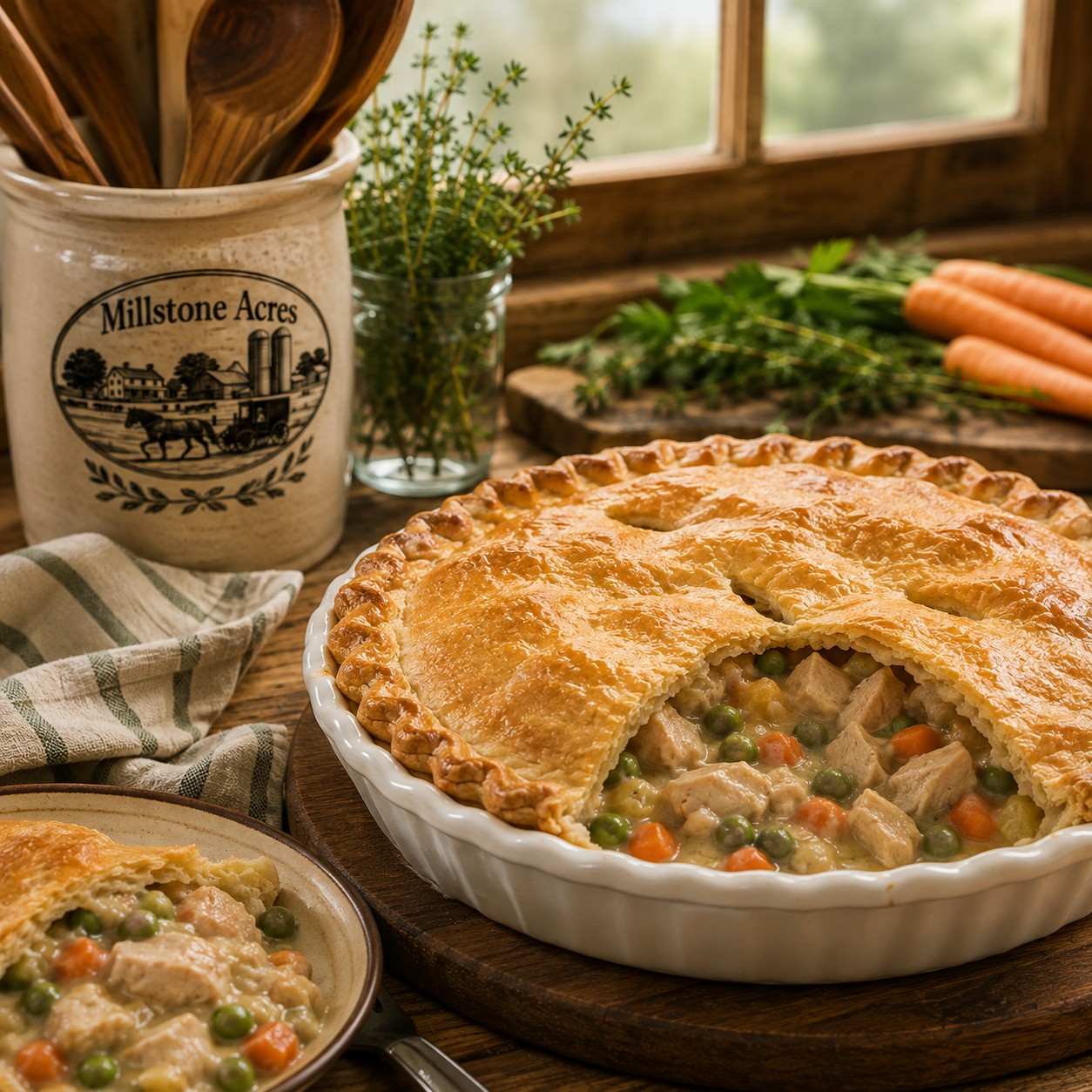 Golden homemade pot pie made with Millstone Acres Savory Pie Crust Mix