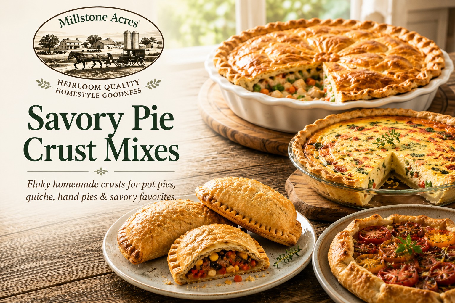 Millstone Acres Savory Pie Crust Mixes with pot pie, quiche, hand pies and savory tomato tart