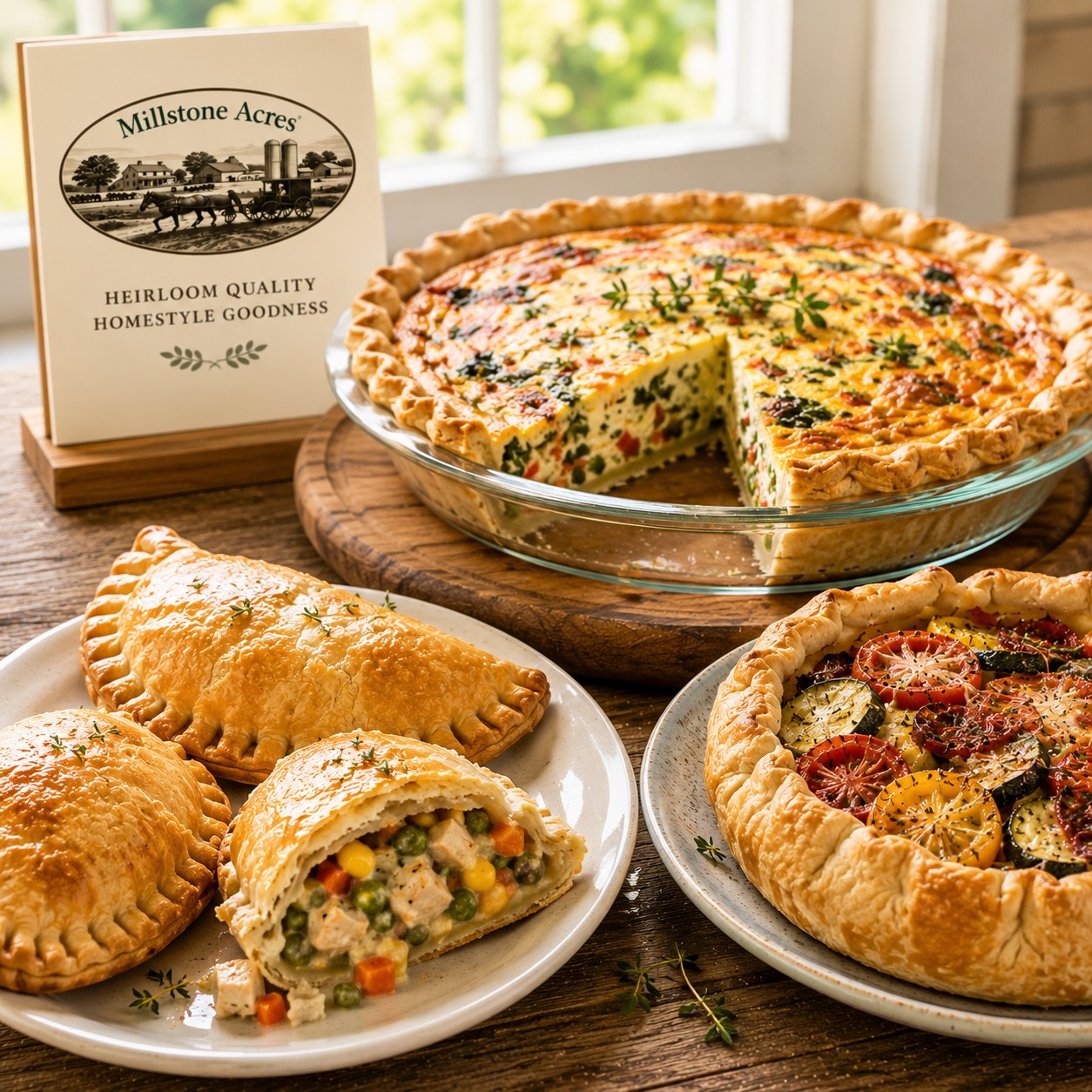 Savory quiche, hand pies and vegetable tart made with Millstone Acres Savory Pie Crust Mixes